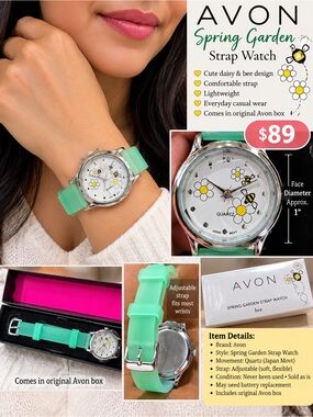 Avon Spring Garden Watch with Mint Green Strap and White Floral Dial